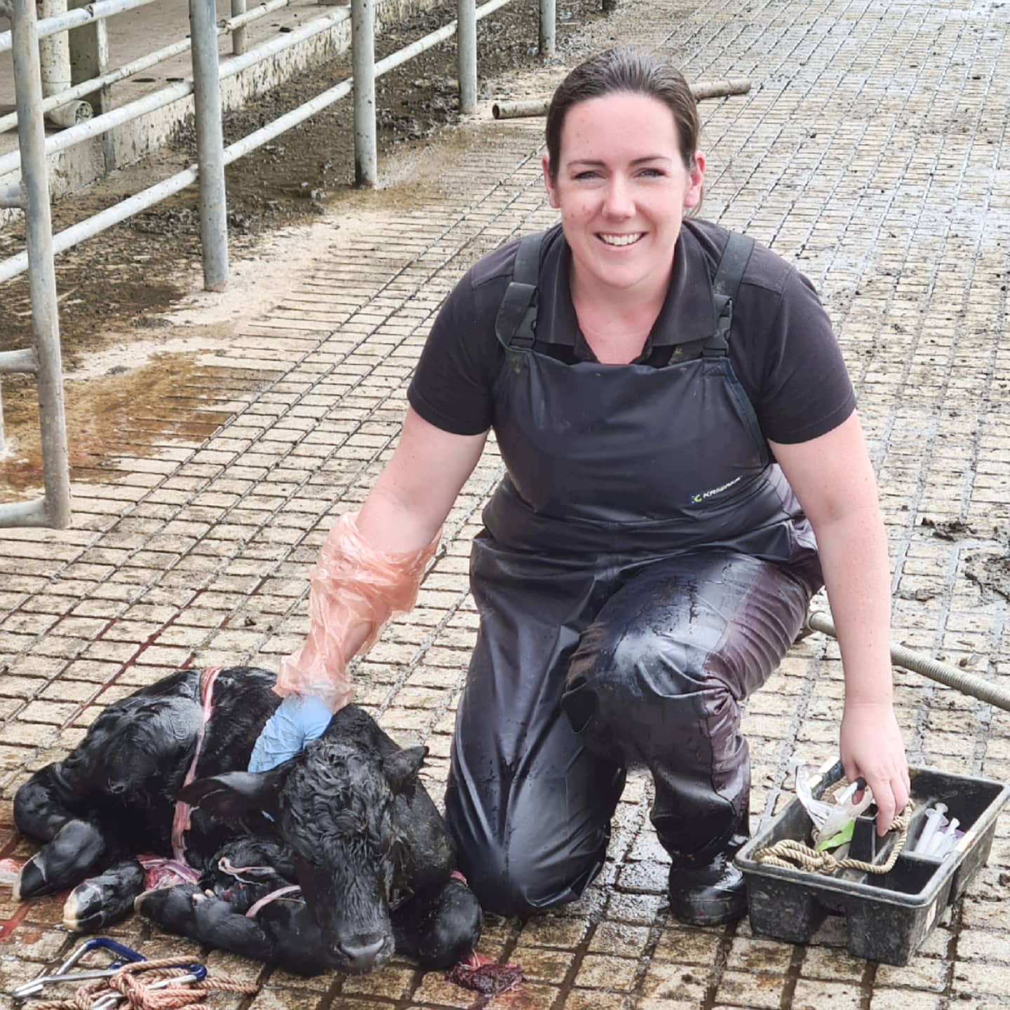 Dr Katie Davison with a newborn calf on a Waikato dairy farm